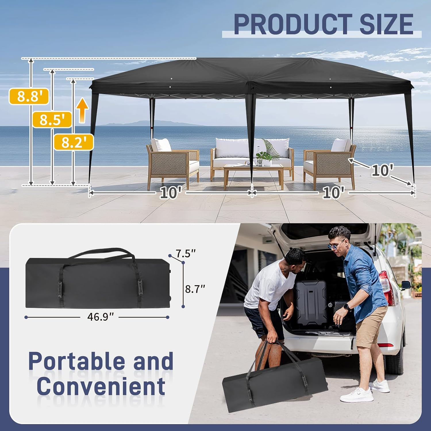 VINGLI 10x20 Pop Up Canopy Tent, Outdoor Tent Canopies Foldable Portable Canopies for Camping, Patio, Parties, EZ Up Gazebo Canopy with Carry Bag, Carpas para Patio (Black)