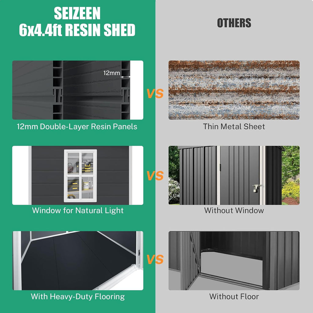 Seizeen 6x4.4ft Resin Shed with Floor, Waterproof Outdoor Plastic Shed w/Lockable Doors, Window & Vents, Outdoor Storage Shed for Storing Lawn Mower, Patio Furniture, Tools, Bike (Dark Gray)