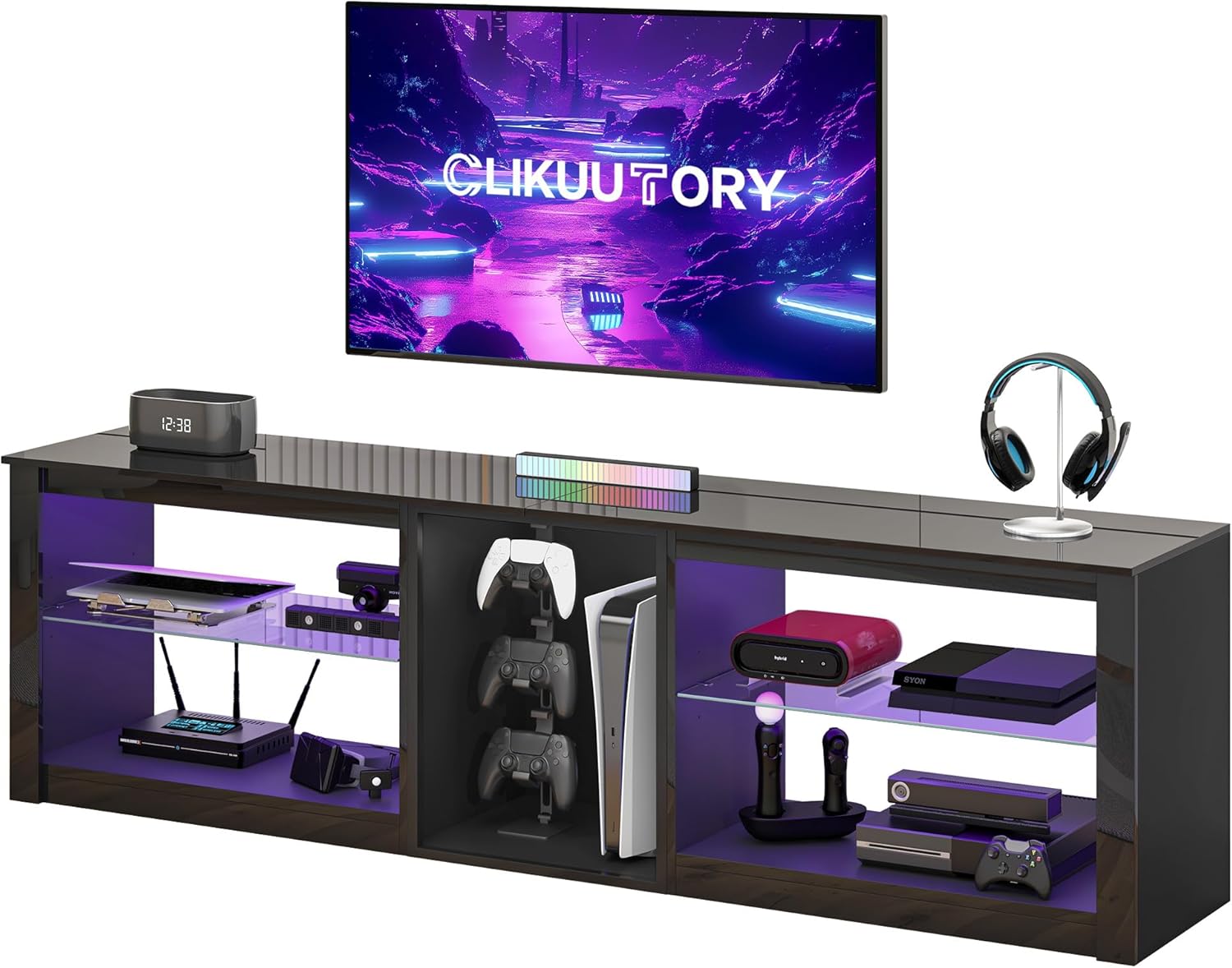 Clikuutory Modern 63 inch TV Stand with LED Lights for 50 55 60 65 70 75 inch TVs, High Gloss Entertainment Center for PS5, TV Cabinet with Glass Shelves for Living Room, Bedroom, Bright Black