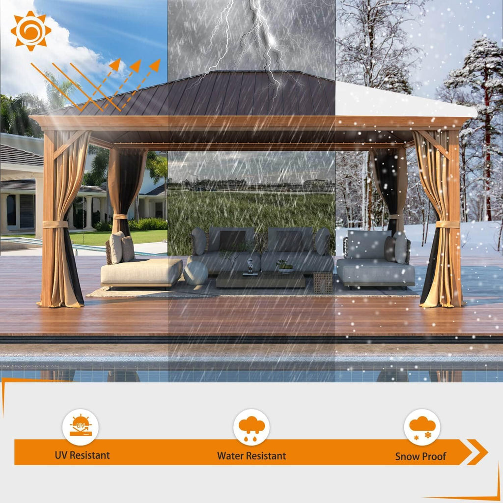EROMMY 12'x16' Gazebo, Wood Looking Gazebo with Aluminum Frame and Single Galvanized Steel Roof, Outdoor Permanent Metal Pavilion with Curtains and Nettings for Deck, Backyard and Patio