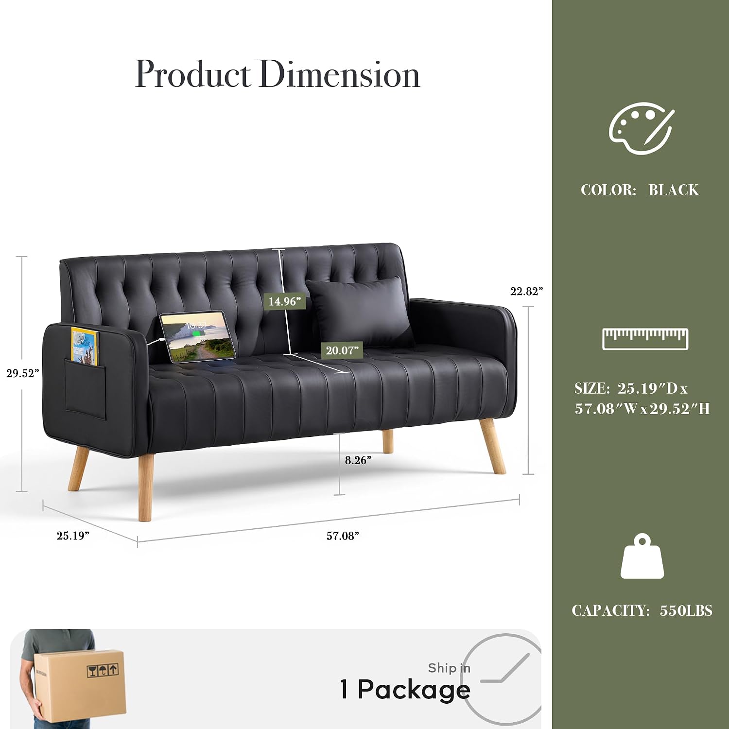 57' W Loveseat Sofa, Small Black Faux Leather Couch w/USB Charging Ports & Pockets, Mid Century Modern Tufted Love Seat Couches, Mini Office Sofa Couch for Small Spaces, Bedroom, Apartment