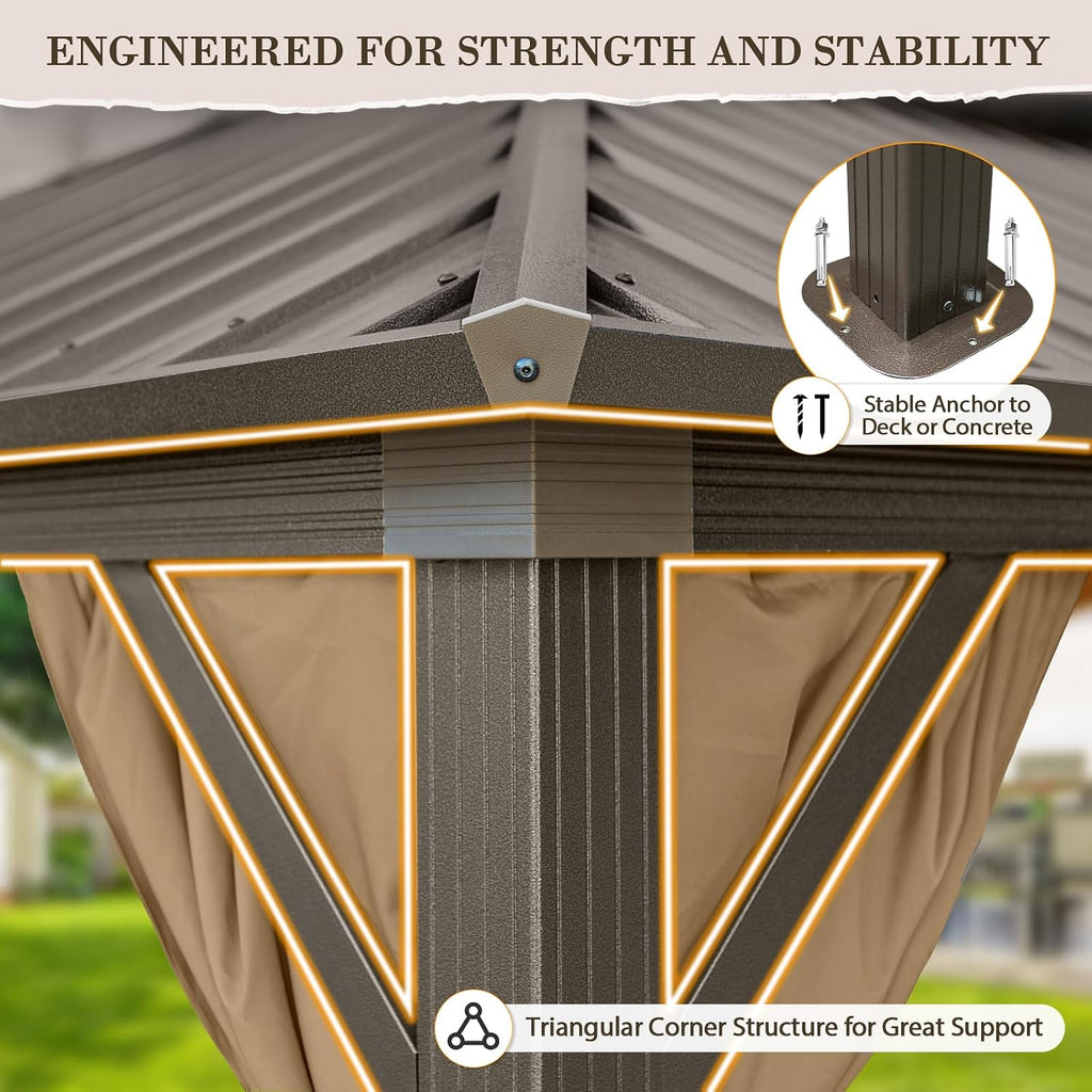 EAGLE PEAK 12x14 Hardtop Gazebo, Galvanized Steel Double Roof with Aluminum Frame, Outdoor Pavilion with Netting and Curtains for Patio, Deck, Lawn and Garden, Dark Brown/Tan