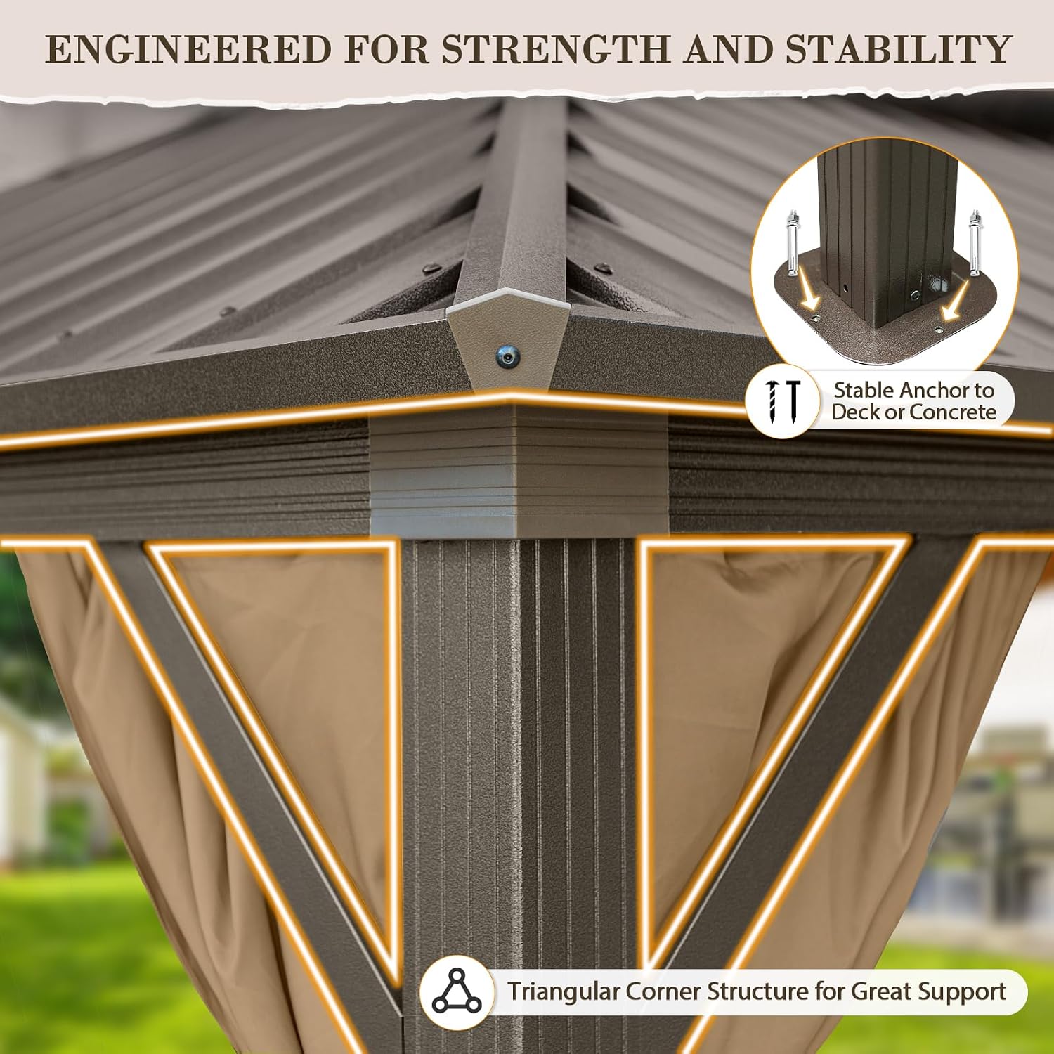 EAGLE PEAK 12x14 Hardtop Gazebo, Galvanized Steel Double Roof with Aluminum Frame, Outdoor Pavilion with Netting and Curtains for Patio, Deck, Lawn and Garden, Dark Brown/Tan