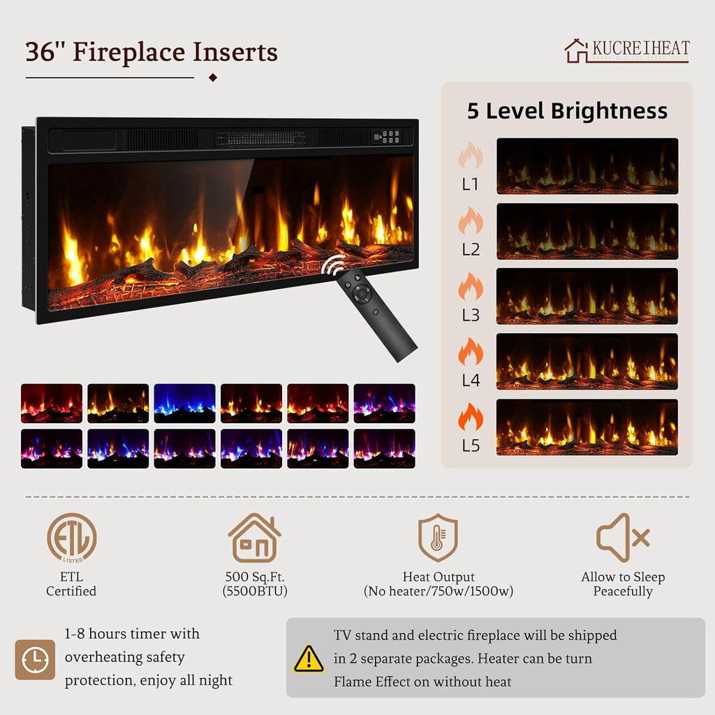 Kucreiheat Fireplace TV Stand for 65-80 inch TV, Large Entertainment Center with Fireplace & LED Lights,High Gloss Living Room Storage Cabinet, Grey, 70''(Log)