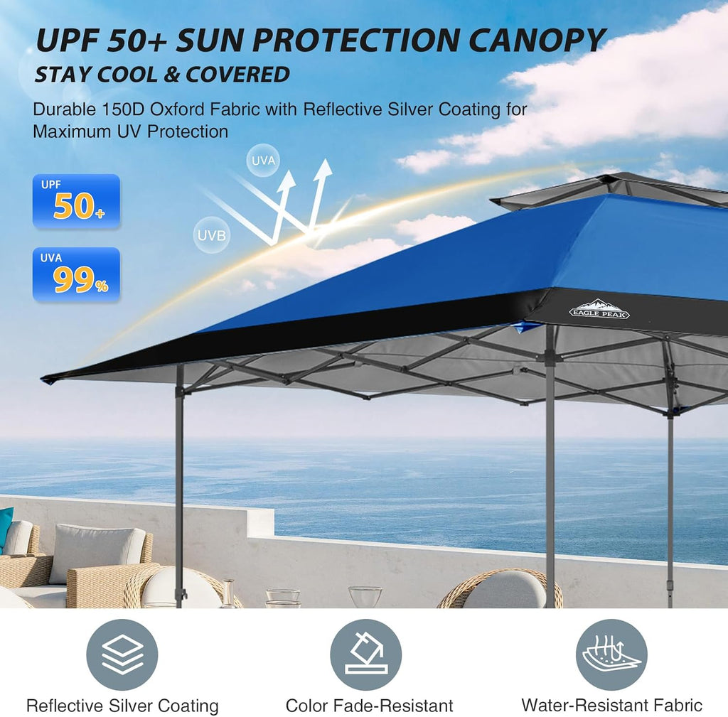 EAGLE PEAK 13x13 Straight Leg Pop Up Canopy Tent Instant Outdoor Canopy Easy Single Person Set up Folding Shelter w/Auto Extending Eaves 169 Square Feet of Shade (Blue/Black)