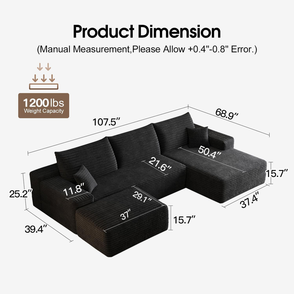 107.5' Comfy U-Shaped Sectional Modern Boneless Corduroy Couch with Chaise ‌and Ottoman‌ - No Assembly Required! Deep-Seat, Upholstered Modular Cloud Sofa for Living Room, Plush Corduroy Fabric(Black)