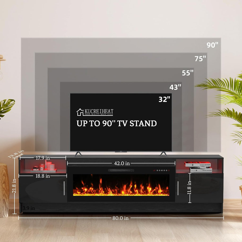 Kucreiheat Fireplace TV Stand for 70-90 inch TV, Large Entertainment Center with Fireplace & LED Lights,High Gloss Living Room Storage Cabinet, Black, 80''(Crystal)