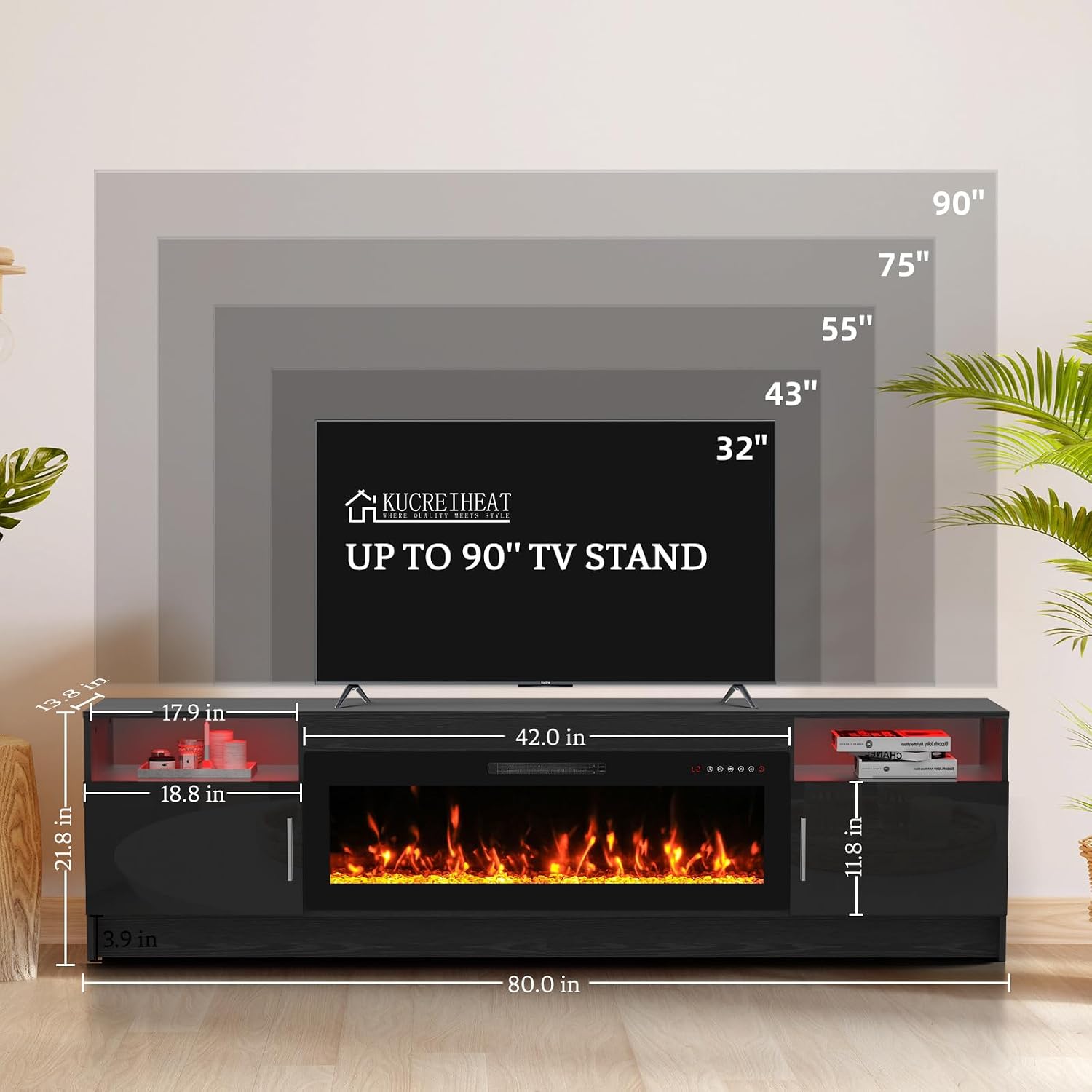 Kucreiheat Fireplace TV Stand for 70-90 inch TV, Large Entertainment Center with Fireplace & LED Lights,High Gloss Living Room Storage Cabinet, Black, 80''(Crystal)