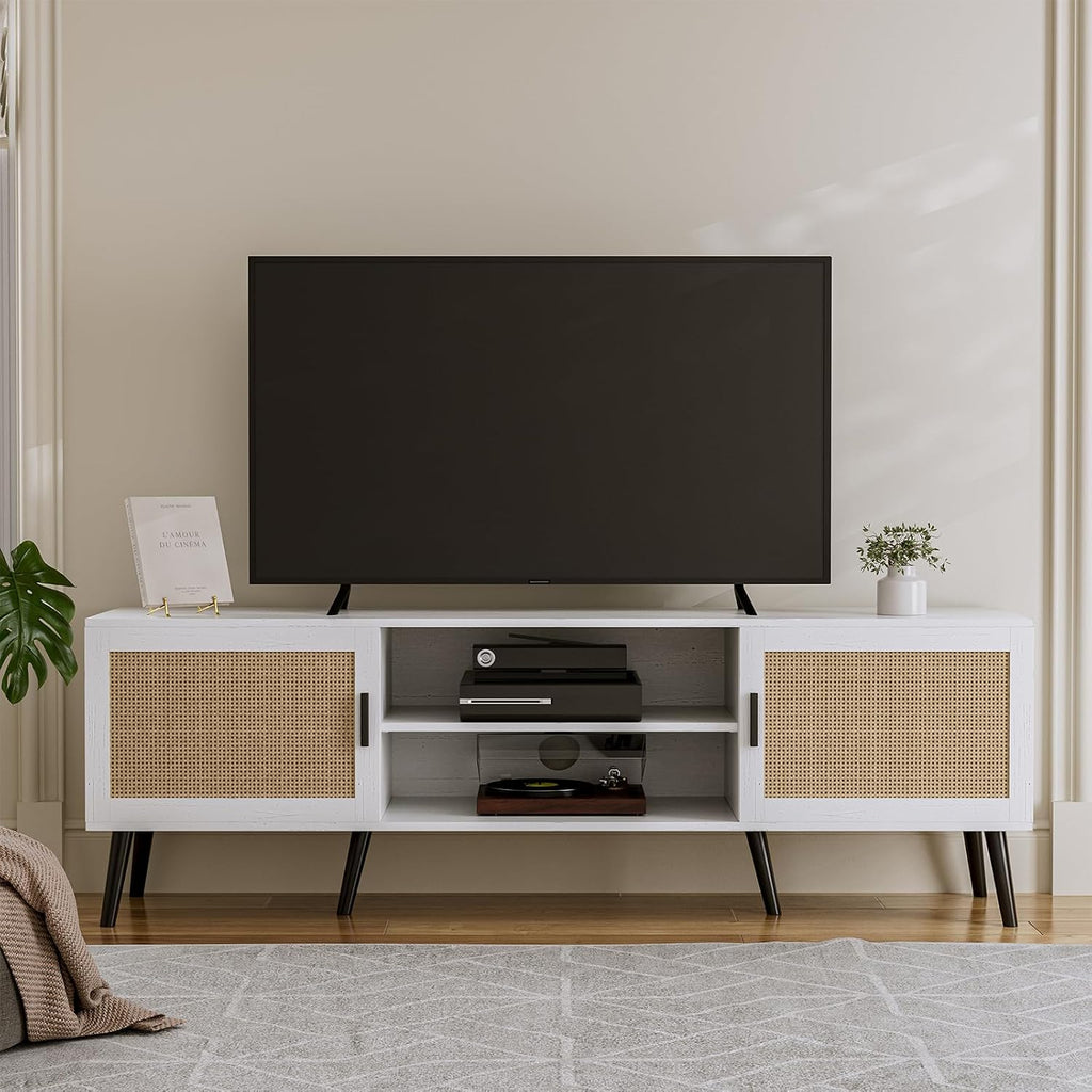 ZttRiee TV Stand for TVs up to 65'', Mid Century Modern Entertainment Center with Rattan Door, Shelves & 2 Cabinets, Boho Media TV Console for Living Room, Bedroom, White