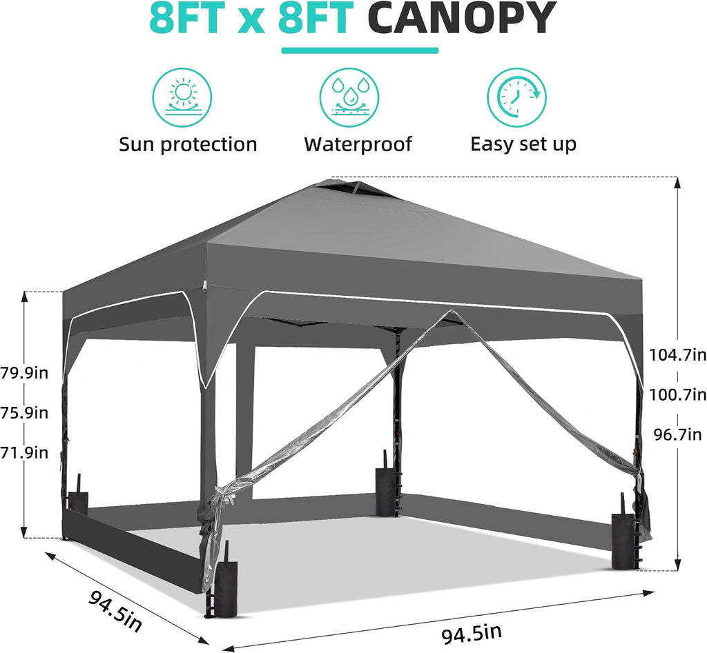 8x8 Pop Up Canopy Tent with One Push Setup, Outdoor Sun Shade Canopy for Backyard Party, Easy Up Instant Shelter with 4 PVC Transparent Sidewalls, 4-Sandbags & Hand Bag, Grey