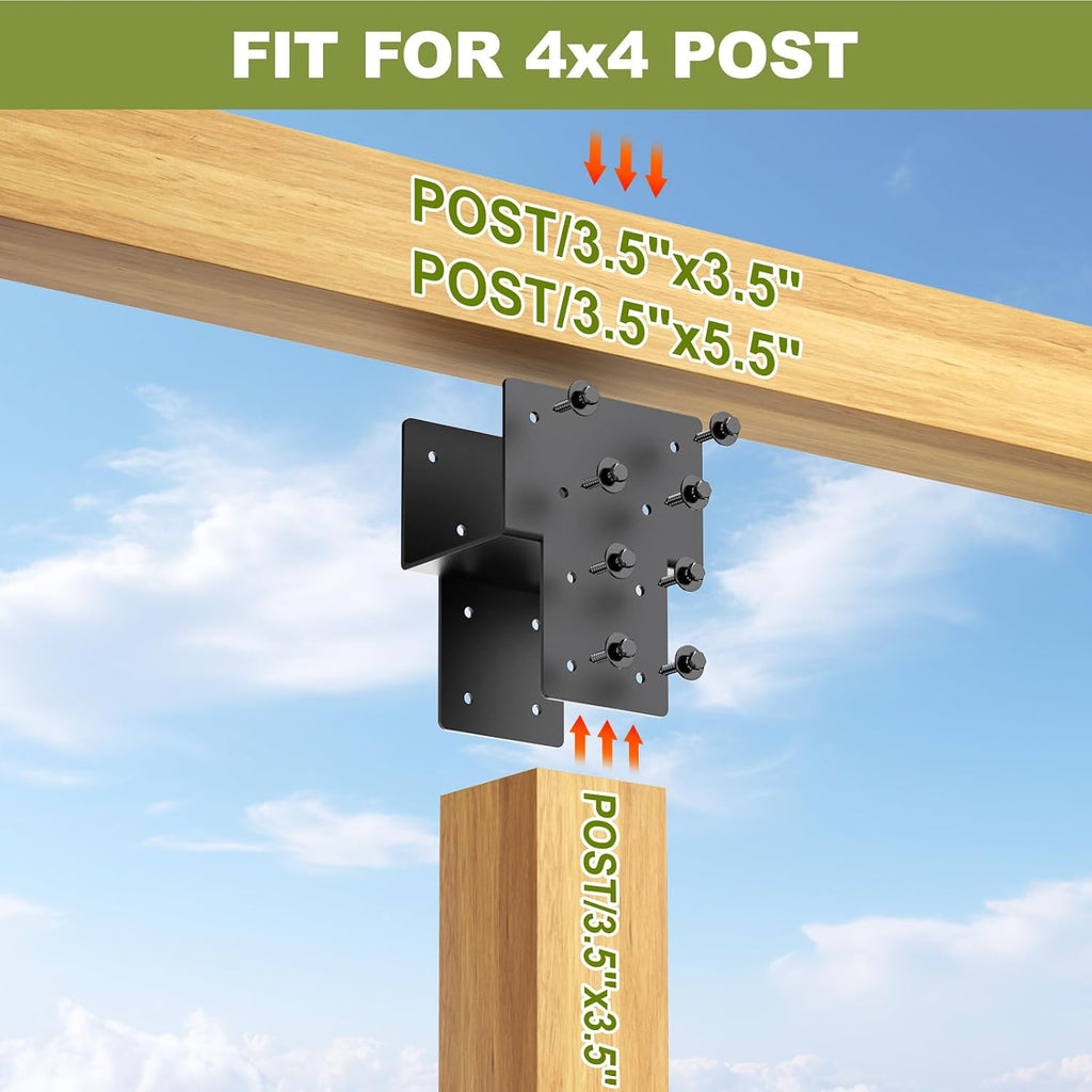 4x4 Post Caps Tie Brackets (Actual 3.5'x3.5') -8 Pack Heavy Duty Galvanized Steels Pergola Connector Brackets for Wood Posts, Gazebo & Deck Beams (Black)