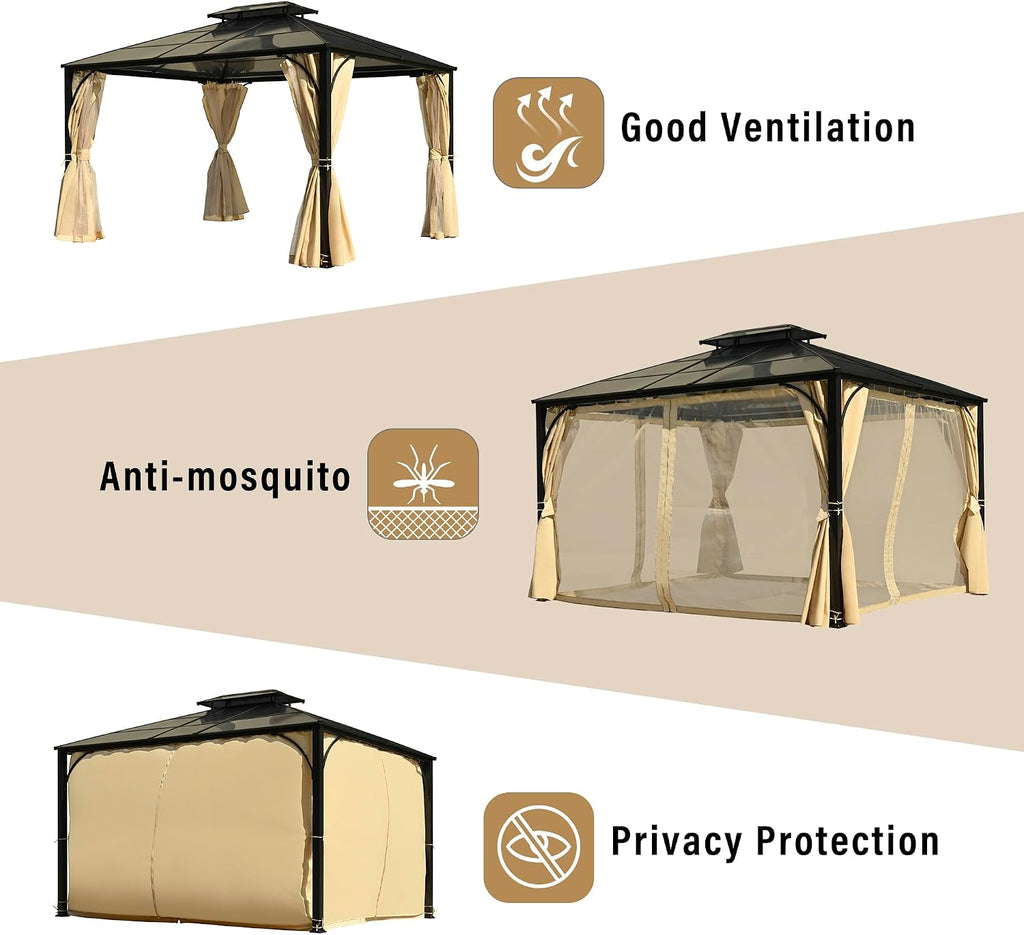 Modern 10'x12' Outdoor Hardtop Gazebo,Heavy Duty Double Roof Patio Gazebo with Aluminum Frame,Double-Layer Side Walls Mosquito Netting & Privacy Curtains,for Backyard Garden Lawn (Beige#F, 10'x12')