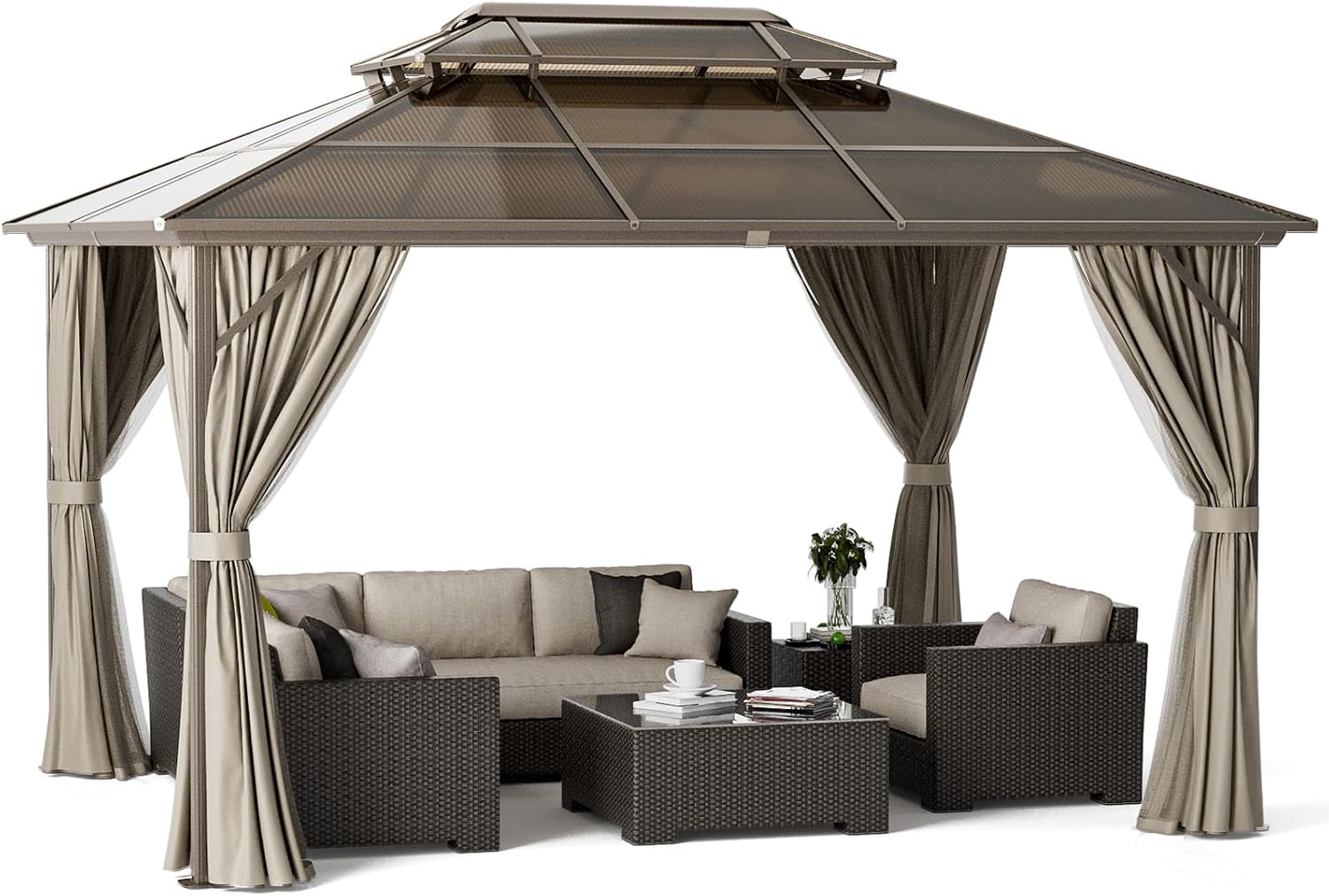VINGLI 10'x13' Hardtop Gazebo, Aluminum Frame Permanent Pavilion with Curtains and Netting, Outdoor Gazebo, Double Polycarbonate Roof Canopy, for Gardens, Patios, Lawns