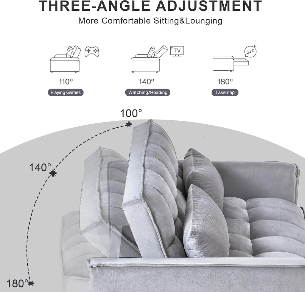 3-in-1 Convertible Sleeper Sofa Bed, 63' Modern Pull Out Couch with Adjustable Reclining Backrest - Velvet Fabric Loveseat for Living Room, Bedroom, Apartment (Gray)