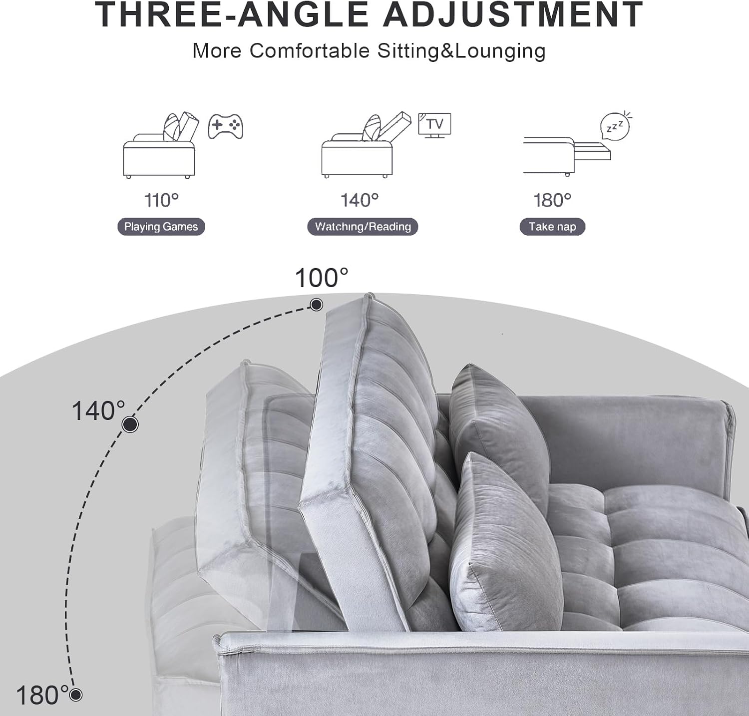 3-in-1 Convertible Sleeper Sofa Bed, 63' Modern Pull Out Couch with Adjustable Reclining Backrest - Velvet Fabric Loveseat for Living Room, Bedroom, Apartment (Gray)
