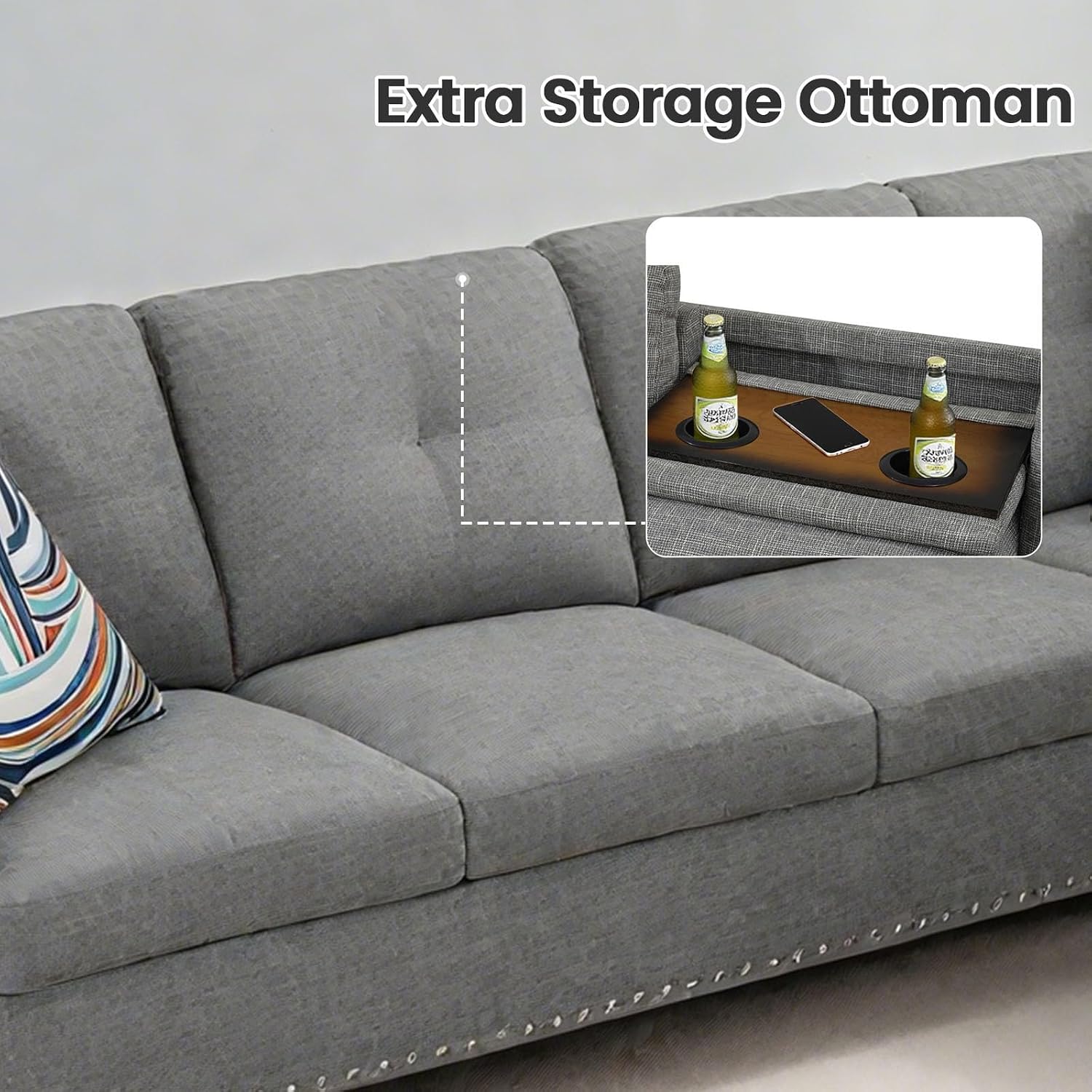 Modular L-Shaped Sectional Sofa, Modern Couches with Movable Chaise, Convertible 4-Seater Couch for Bedroom, Apartment & Office, Brown Grey
