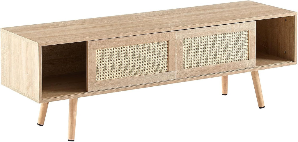 Rattan Weaving in Natural Wood Color TV Stand for TVs up to 55 Inch, TV Cabinet with Sliding Rattan Woven Door, Ideal for Living Rooms and Entertainment Centers