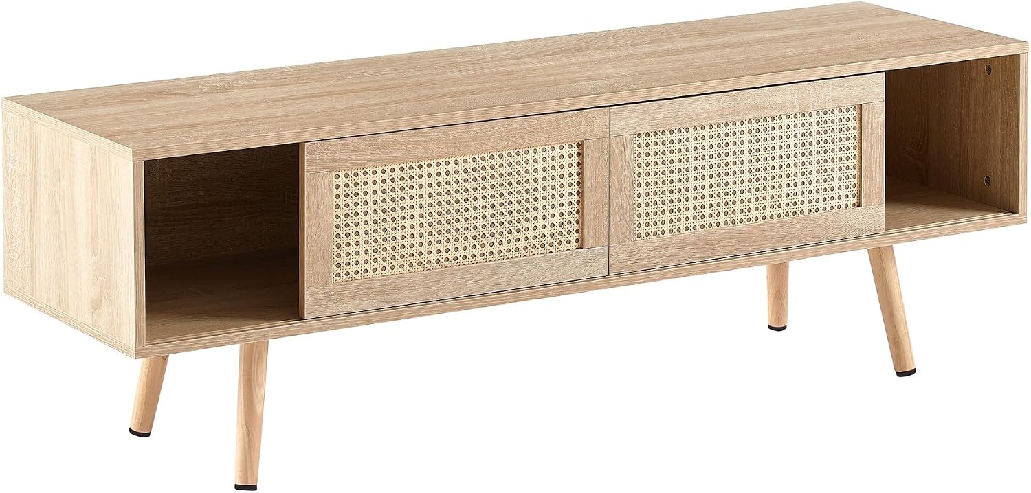 Rattan Weaving in Natural Wood Color TV Stand for TVs up to 55 Inch, TV Cabinet with Sliding Rattan Woven Door, Ideal for Living Rooms and Entertainment Centers