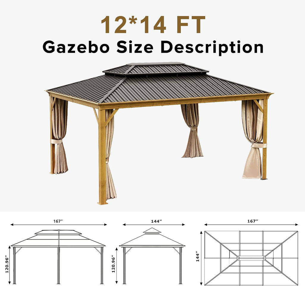 12x14ft Hardtop Gazebo, Wooden Finish Coated Aluminum Frame Canopy with Galvanized Steel Double Roof, Outdoor Permanent Metal Pavilion with Curtains & Netting for Garden, Brown (Wooden 12x14 Ft)