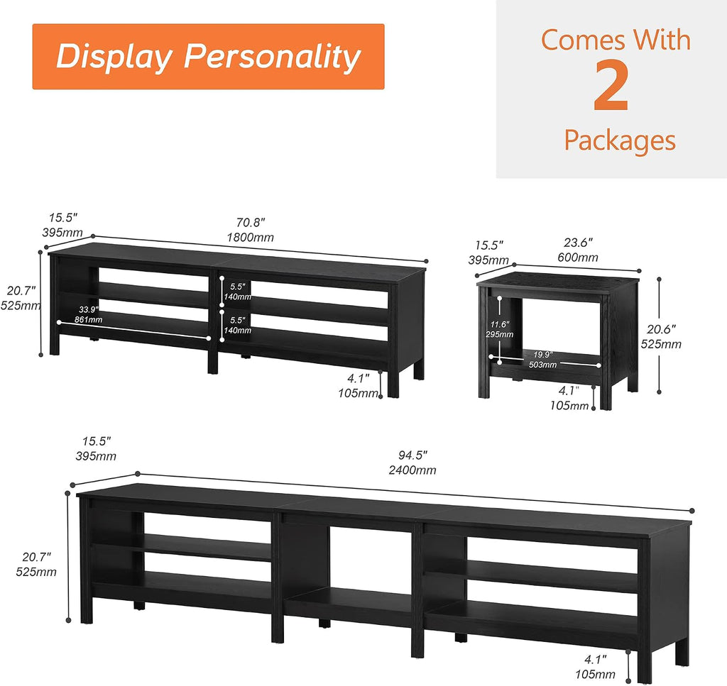 WAMPAT Farmhouse TV Stand for 85 Inch TV, Wood Entertainment Center for 80 90 100 inch TV Console Media Table with 5 Cubby Storage for Living Room Bedroom, Black