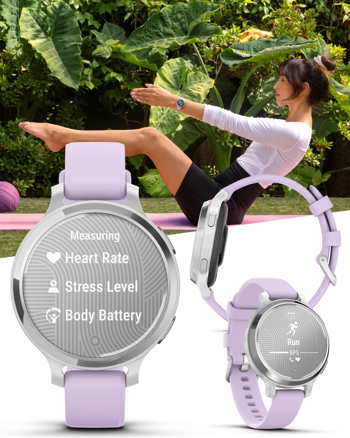Garmin Lily 2 Active, Silver with Purple Jasmine Silicone Band, Smartwatch, Built-in GPS, Hidden Display, Patterned Lens, Up to 9 Days Battery Life w Black Earbuds Bundle