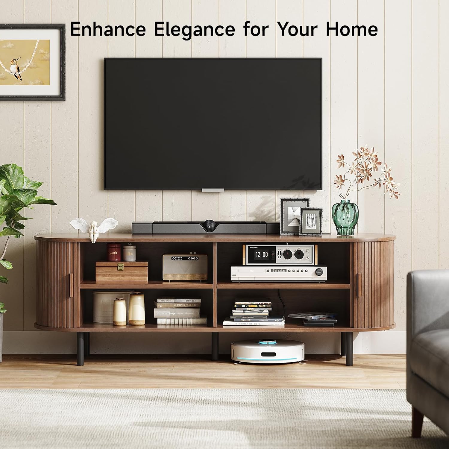 ONBRILL 63' TV Stand with Power Outlet for TVs up to 70 Inch, Entertainment Center with Storage and Adjustable Shelves, Modern Media Console with Sliding Doors for Living Room, Walnut