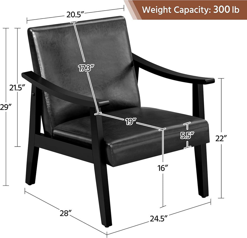 Yaheetech PU Leather Black Chairs, Mid-Century Modern Armchair with Solid Wood Legs, Reading Accent Chair with High Back for Living Room Bedroom Waiting Room, 2 pcs, Black