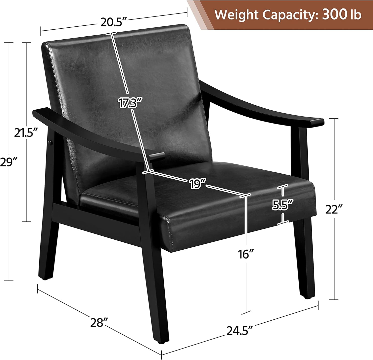 Yaheetech PU Leather Black Chairs, Mid-Century Modern Armchair with Solid Wood Legs, Reading Accent Chair with High Back for Living Room Bedroom Waiting Room, 2 pcs, Black
