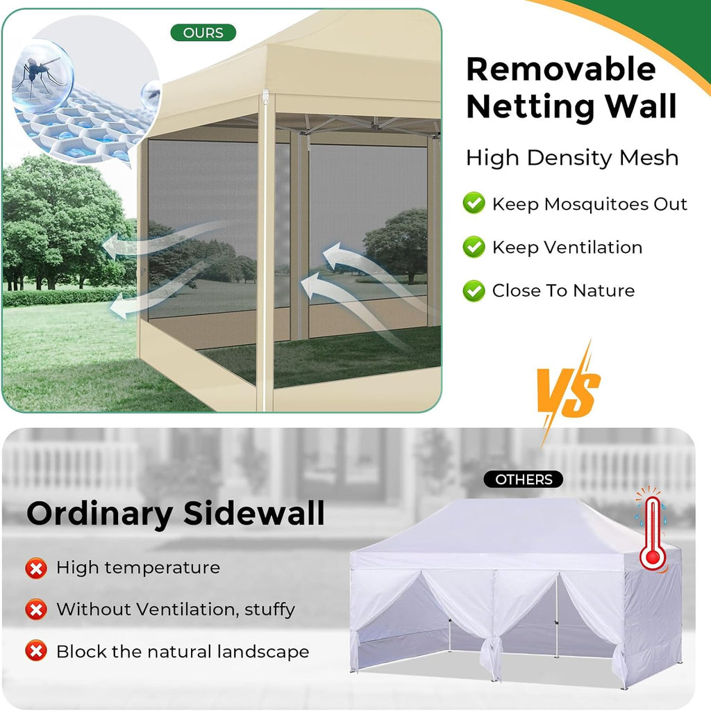 COBIZI 10x15 Heavy Duty Pop Up Canopy Tent with 4 Sidewalls, Commercial Gazebo Party Tent with Mosquito Netting Wall Easy Set Up Outdoor Instant Screen Gazebo for Backyard, Patio, Garden, Khaki