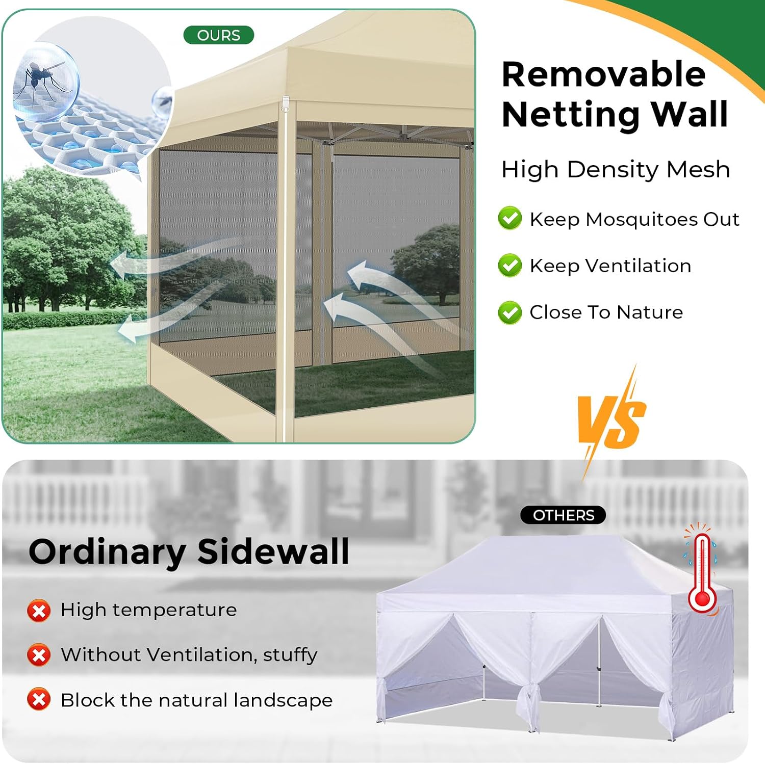 COBIZI 10x15 Heavy Duty Pop Up Canopy Tent with 4 Sidewalls, Commercial Gazebo Party Tent with Mosquito Netting Wall Easy Set Up Outdoor Instant Screen Gazebo for Backyard, Patio, Garden, Khaki