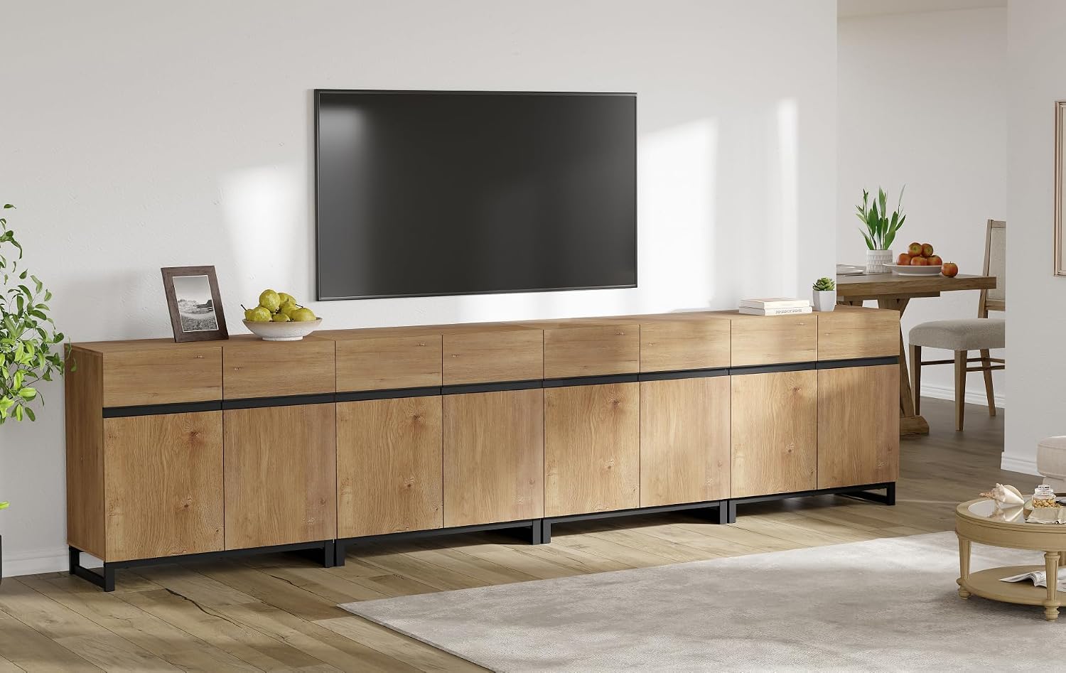 WAMPAT Modern TV Stand for TVs Up to 110 Inch, 4-in-1 Wood Entertainment Center with Adjustable Shelves, Media Console for Living Room, Oak