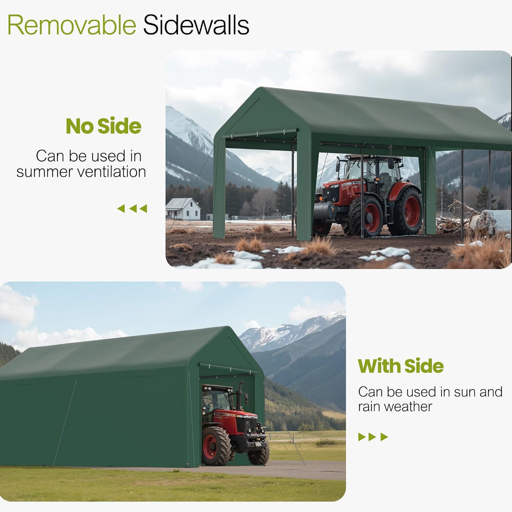 GOJOOASIS 10x20 Carport Heavy Duty Portable Garage Shelter Metal Car Canopy Tent with UV-Resistant & Weatherproof Top Cover for RV & Vehicles (Green, 10x20 with sidewalls)
