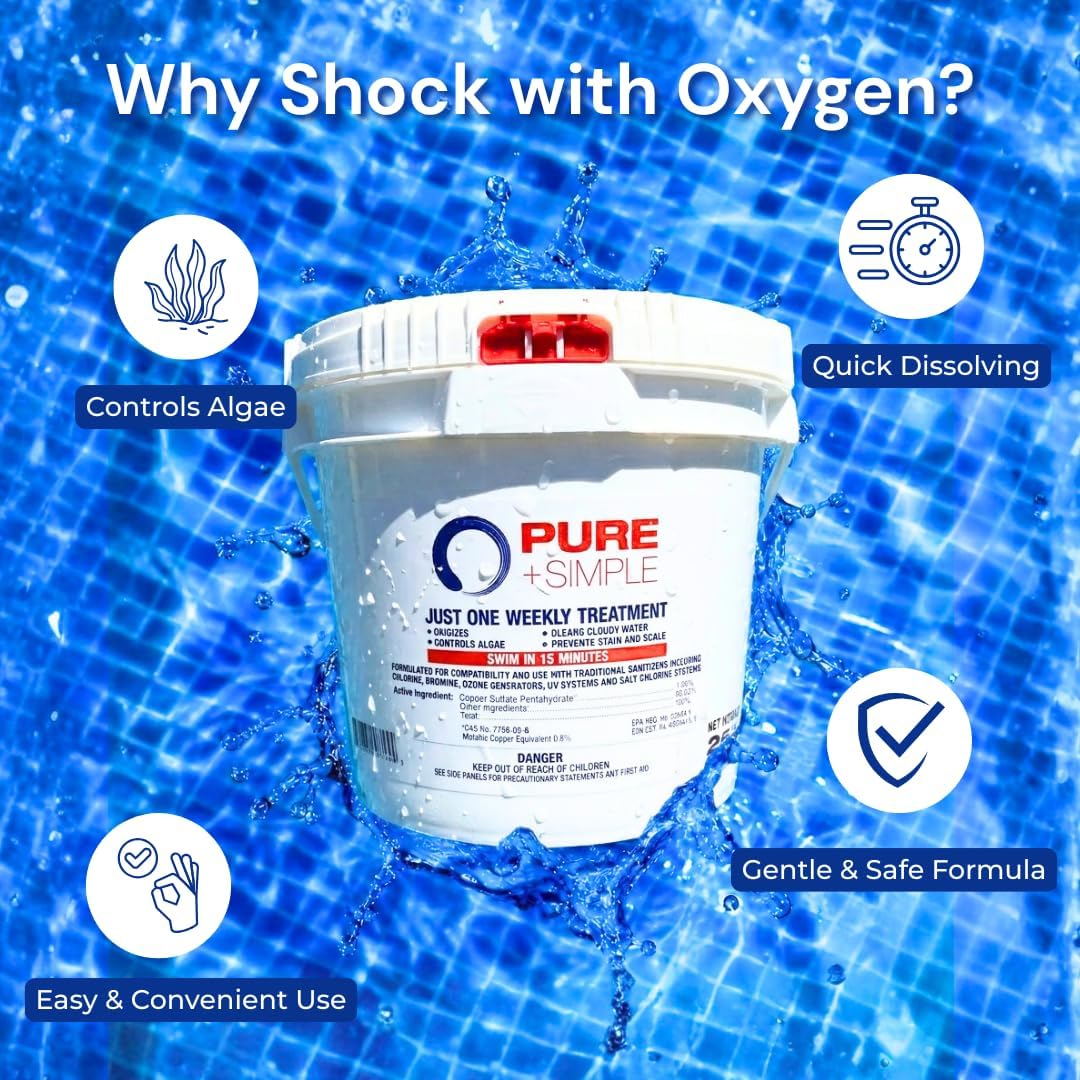 Pure + Simple All-in-One Pool Shock & Clarifier - Algaecide for Swimming Pools - Fast-Acting Once Weekly Treatment for In-Ground & Above-Ground Pools - Swim in 15 Minutes (25 lbs)