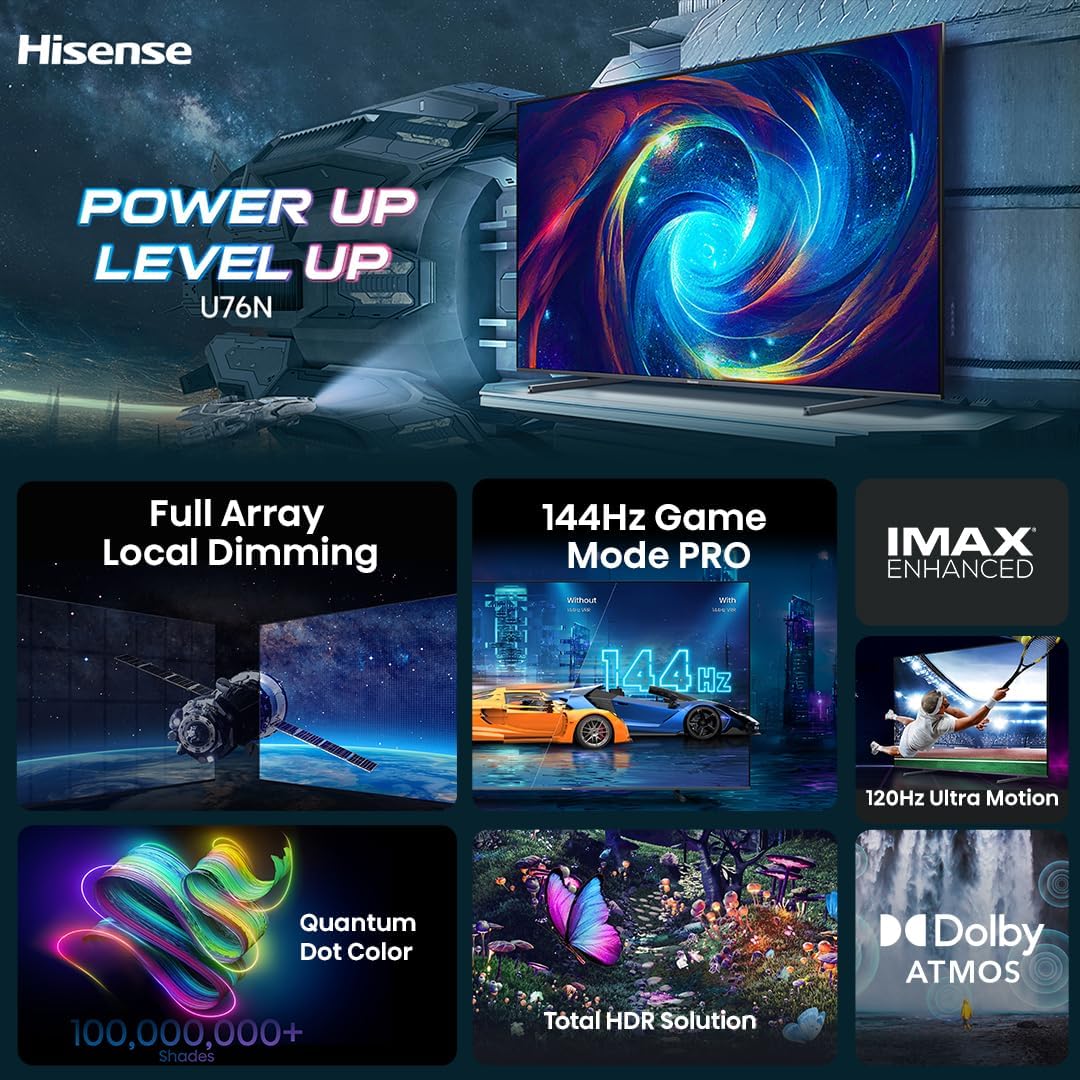 Hisense 100-Inch Class U7 Series ULED 4K UHD Google Smart TV (100U76N, 2024 Model) - QLED, Native 144Hz, Motion Rate 480, Dolby Vision, Full Array Local Dimming, Game Mode Pro, Alexa Compatibility