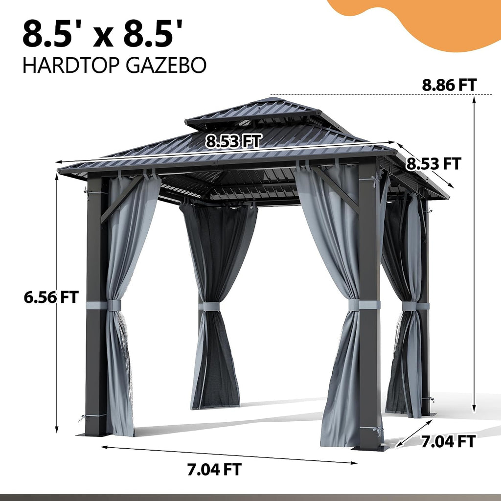 8.5'x8.5' Hardtop Gazebo, Heavy Duty Double Roof Galvanized Aluminum gazebos with Netting & Curtain, Outdoor Patio Gazebo for Patio, Backyard, Deck, Lawn (8.5x8.5 FT)
