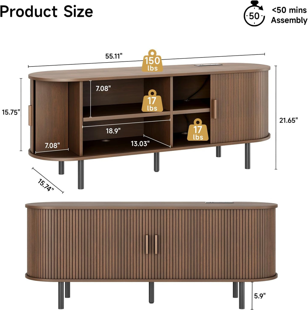ONBRILL 55' TV Stand with Power Outlet for TVs up to 60 Inch, Entertainment Center with Storage and Adjustable Shelves, Modern Media Console with Sliding Doors for Living Room, Walnut