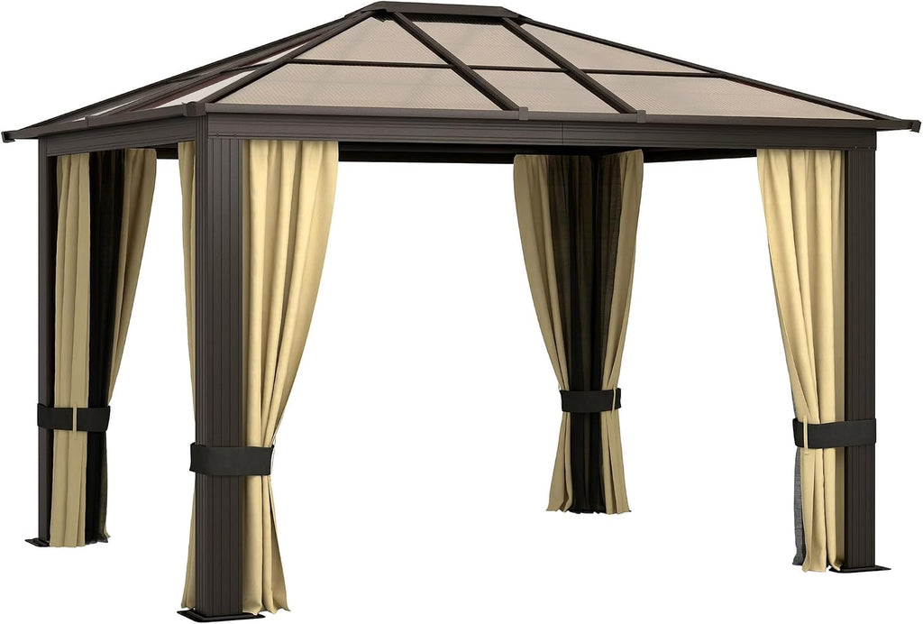 Outsunny 10' x 12' Hardtop Gazebo Canopy with Polycarbonate Roof, Aluminum Frame, Permanent Pavilion Outdoor Gazebo with Netting, for Patio, Garden, Backyard, Deck, Lawn, Black, Beige