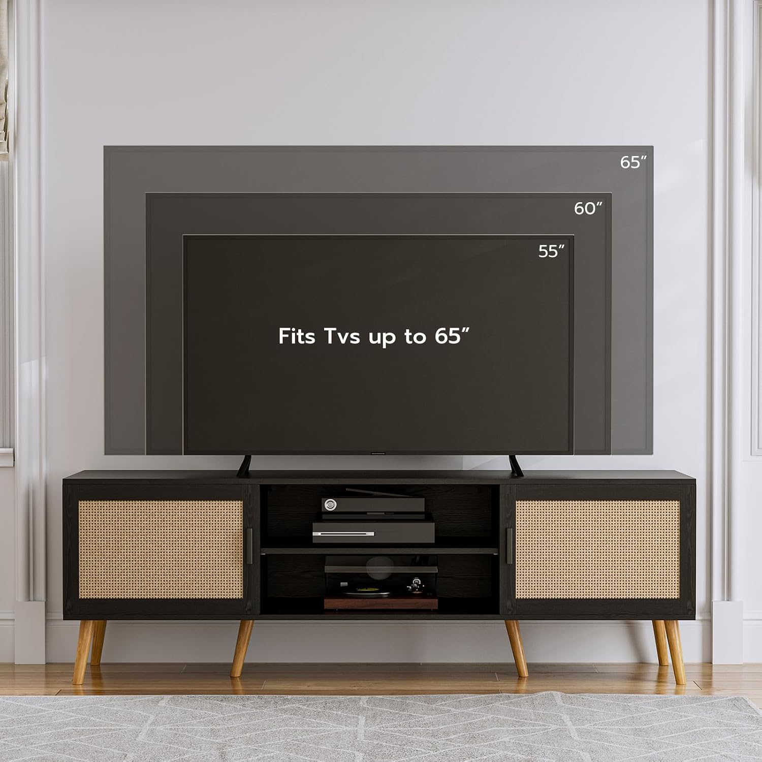 ZttRiee TV Stand for TVs up to 65'', Entertainment Center with Rattan Door, Shelves & 2 Cabinets, Boho Media TV Console for Living Room, Bedroom, Black