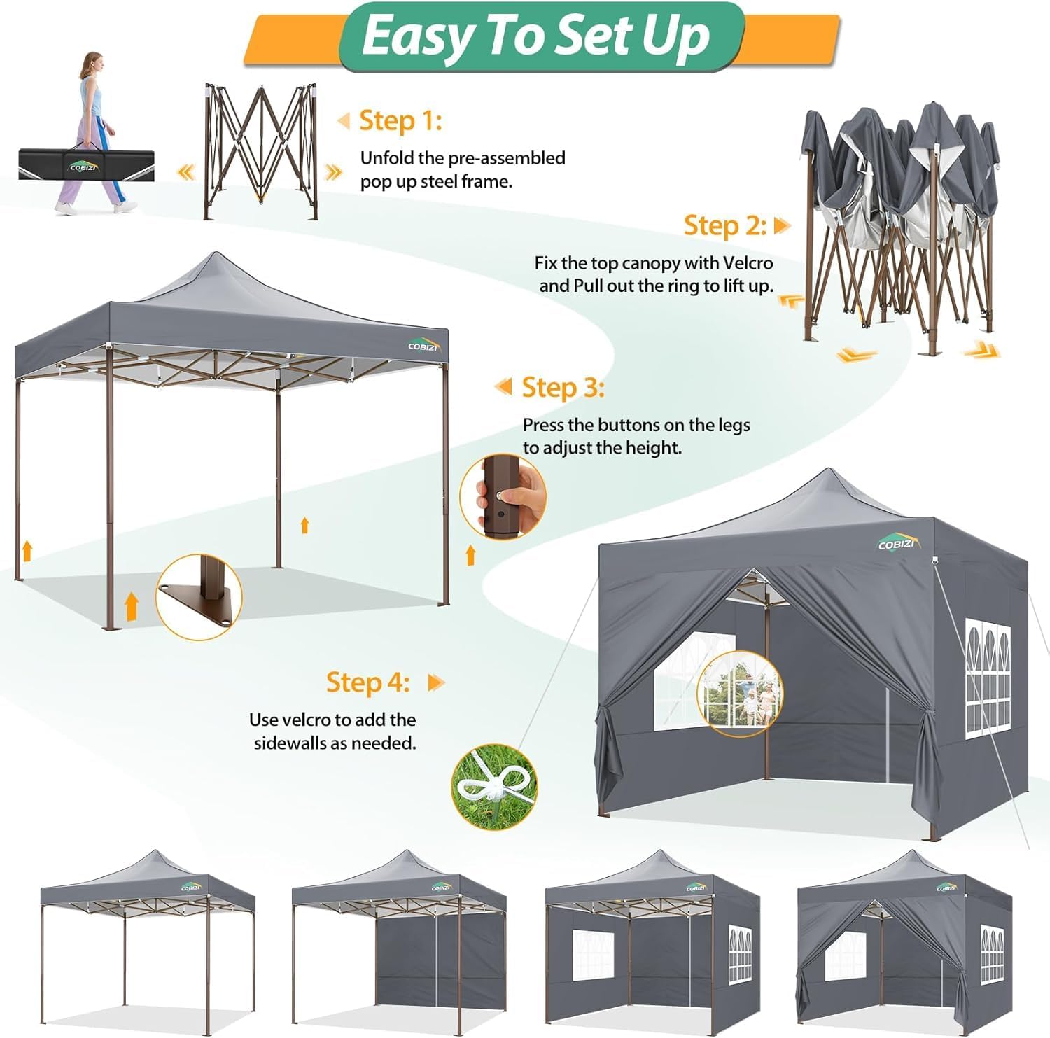 COBIZI 10x10 Pop Up Canopy Tent Heavy Duty with 4 Sidewalls, Commercial Easy Up Instant Canopy Outdoor for Events Party Wedding, All Weather Waterproof UV 50+ with Carry Bag (Leg Upgraded), Gray
