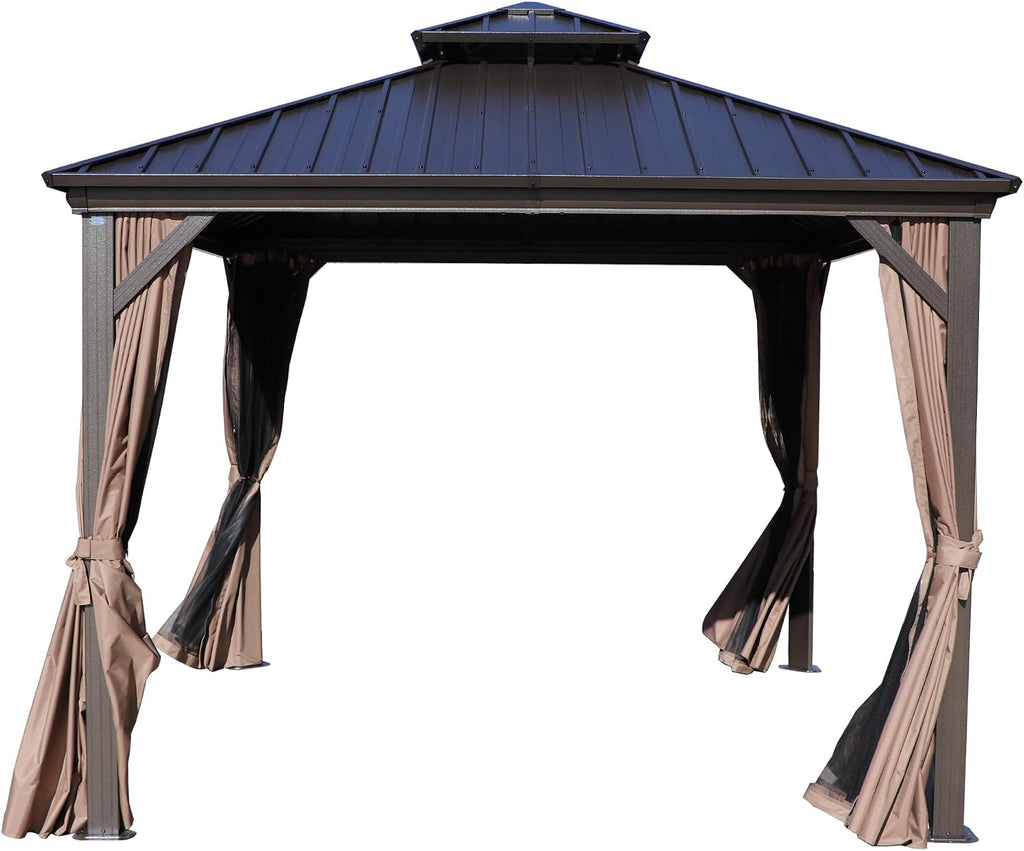 Kozyard Caesar 10'x10' Hardtop Gazebo - Permanent Metal Pavilion with Netting and Shaded Curtains for Patio, Backyard, and Deck - Galvanized Steel Outdoor Aluminum Canopy, Double Roof Gazebo (Brown)