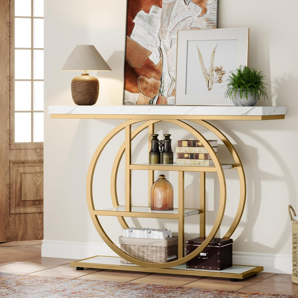 Tribesigns 41.3' Console Table, Industrial 4-Tier Sofa Entryway Table with Circle Base, Narrow Wood Accent Tables with Storage Shelves for Living Room, Hallway, Foyer, White Gold