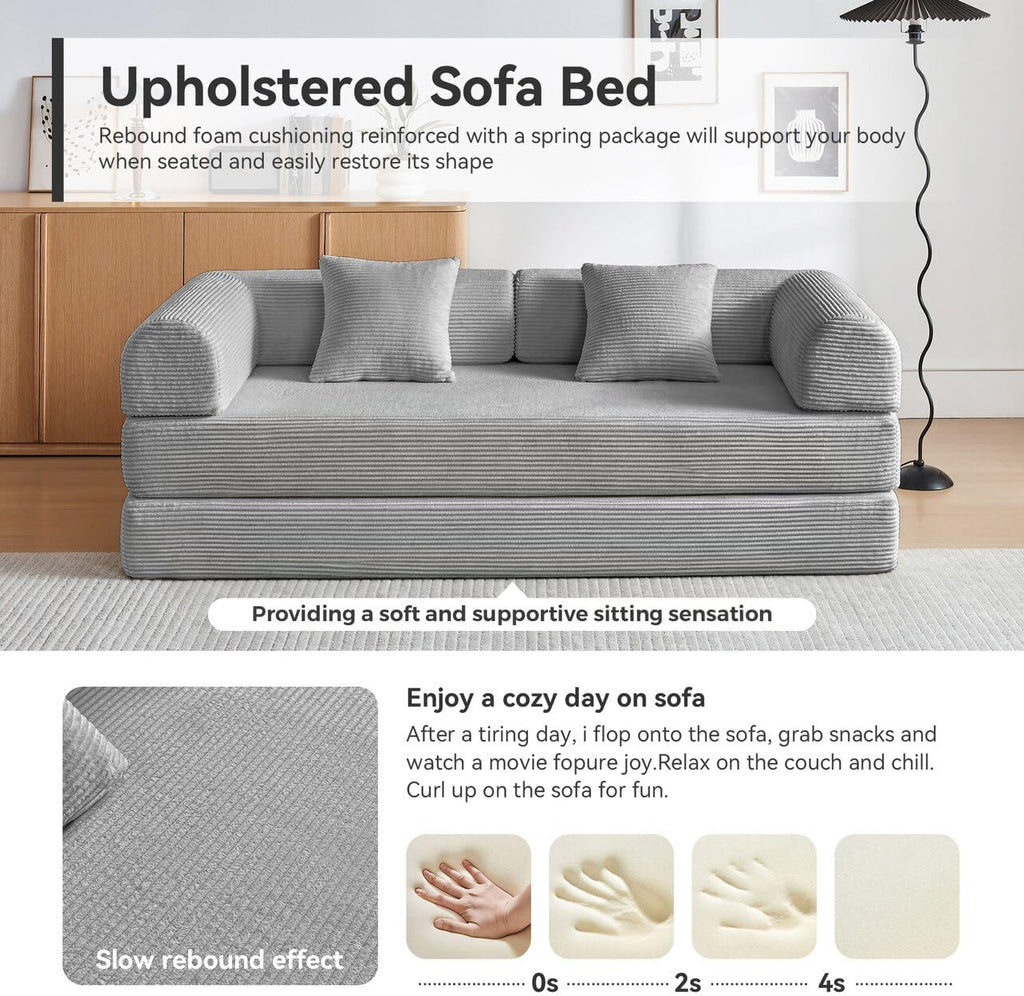 Convertible Sleeper Sofa Bed, Sleeper Sofa with Pillow | Corduroy Fabric | High-Density Sponge | Fixed-Shape Frame, Modular Sofa Bed for Living Room Lounge Studio (Light Grey)