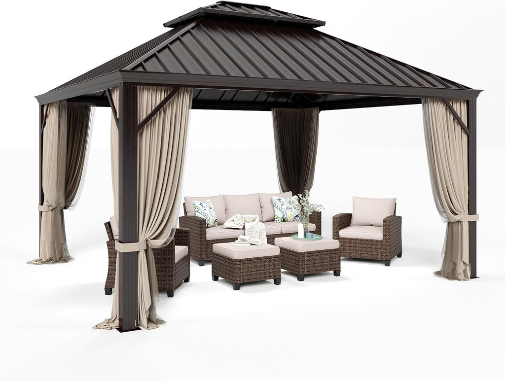 HERA'S HOUSE 12x14ft Hardtop Gazebo, Aluminum Metal Gazebo with Galvanized Steel Double Roof Canopy, Curtain and Netting, Permanent Pavilion for Patio Backyard Deck Lawn