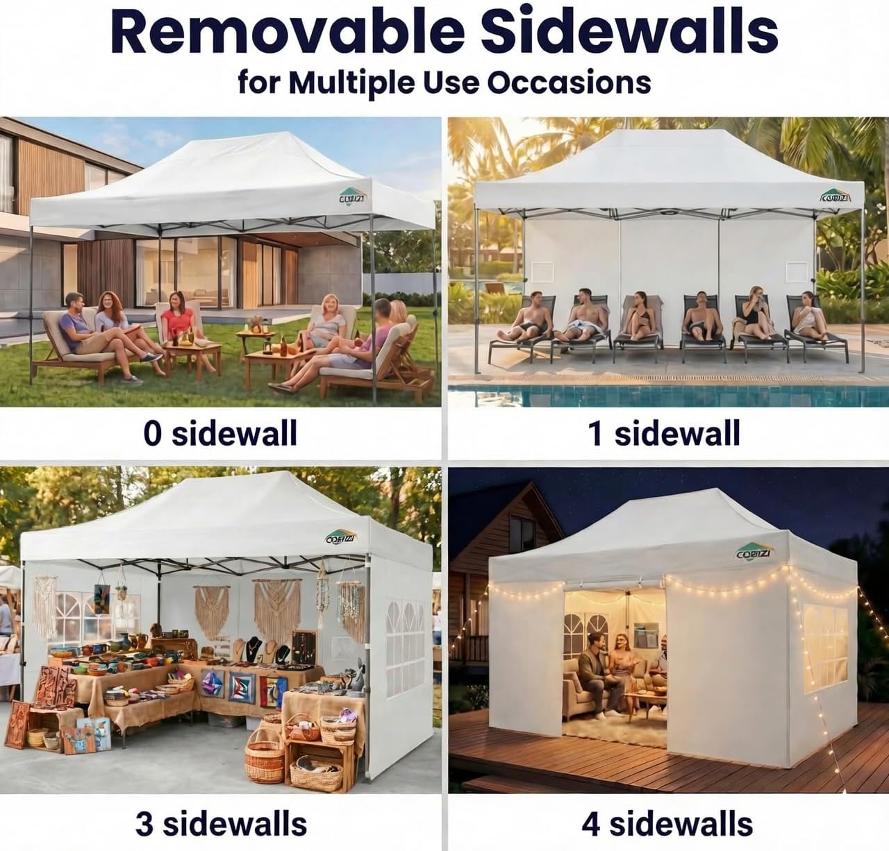 COBIZI 10x15 Pop Up Canopy with 4 Sidewall,Heavy Duty Canopy UPF 50+ All Season Wind Waterproof Commercial Outdoor Wedding Party Tents for Parties Gazebo with Carry Bag(10 x 15 ft White)