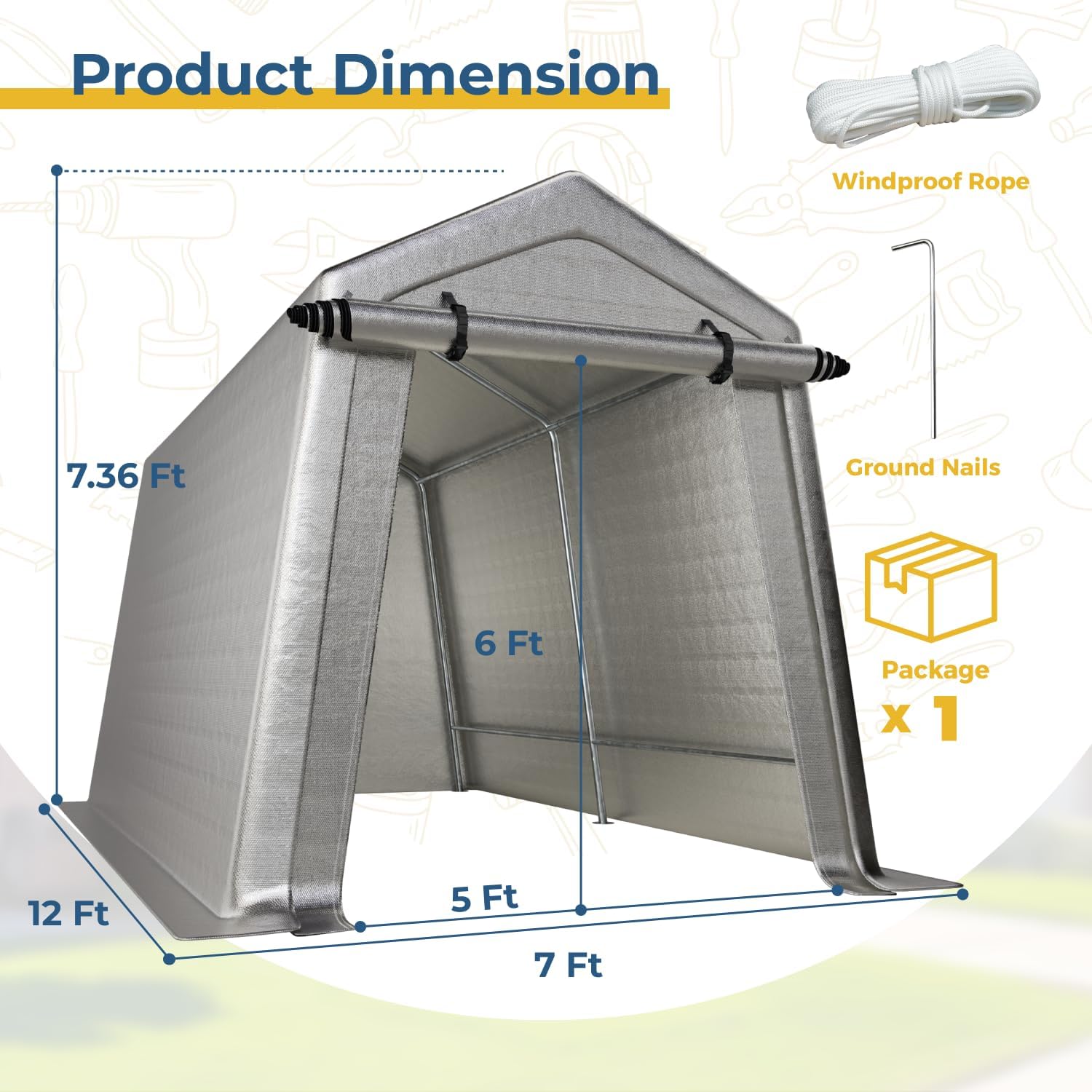 LINKHOO 7 x 12 FT Carport, Portable Shed w/220G Heavy Duty Waterproof PE Tarp, Roll-up Zipper Door & Vent, Weather-Resistant Storage Shed for Motorcycle, Bike and Tools, Gray
