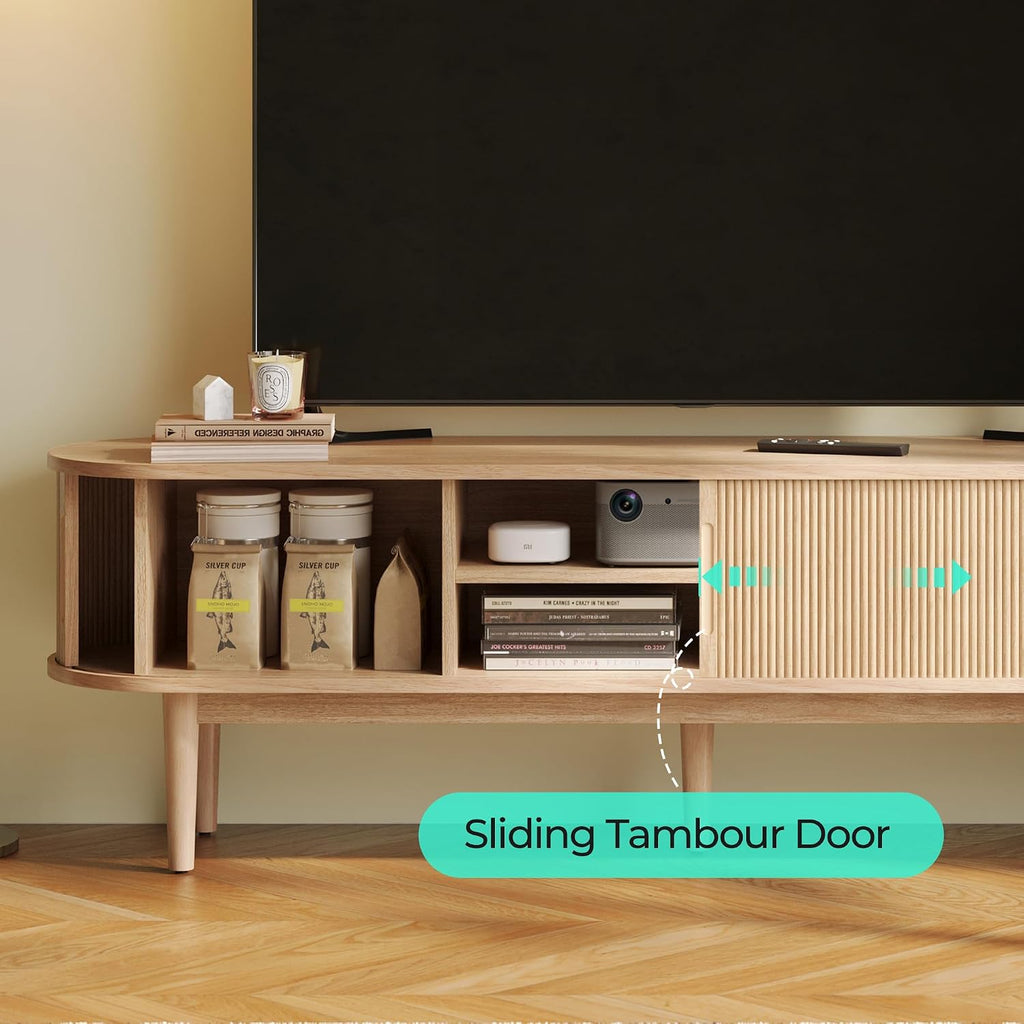LINSY Home TV Stand for 65' TV, Mid-Century Modern 58' Entertainment Center with Sliding Tambour Door and Storage Cabinet, Cruved TV Media Console Table for Living Room, Bedroom, Oak