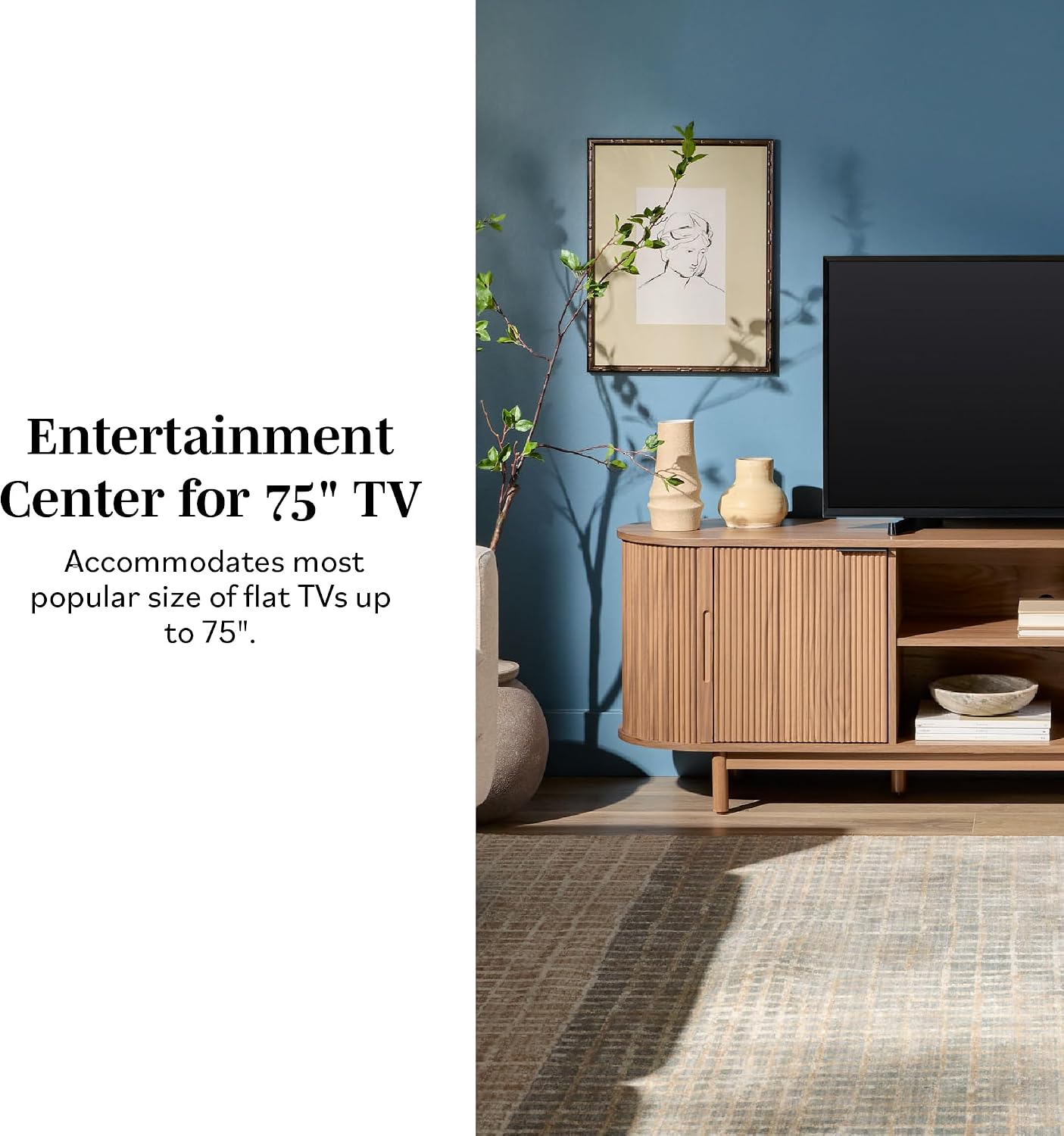 Walker Edison Modern Curved Reeded TV Stand for TVs up to 70 Inches, Credenza with Sliding Doors and Adjustable Shelves, TV Stand with Cord Management Cutout, 70 Inch, Mocha