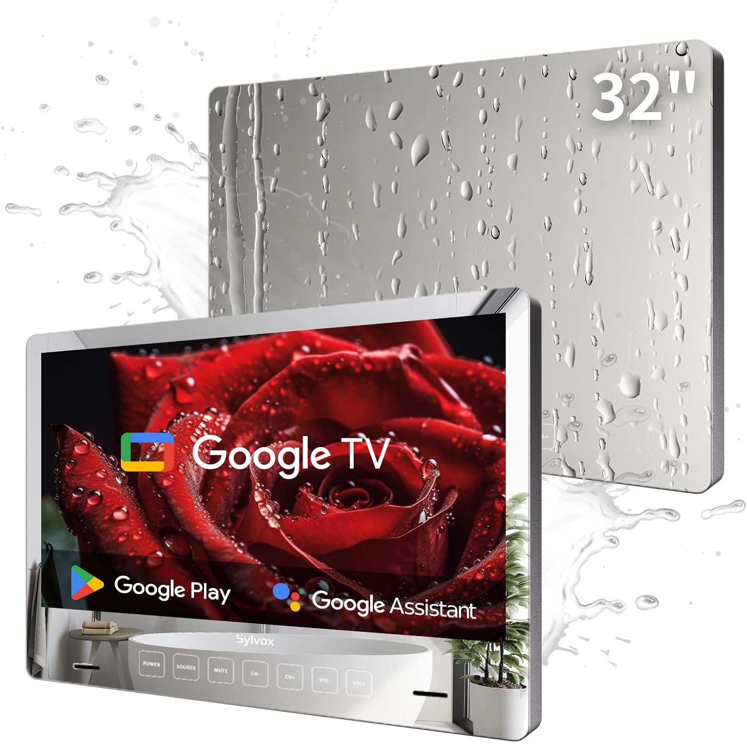 SYLVOX 32 inch Bathroom TV, 1080P Mirror Television with Google OS NTSC & ATSC Tuner WiFi Bluetooth Voice Remote, IP66 Waterproof Magic TV for Bathroom Bathtub Hotel Shower Spa (Wall Mount)