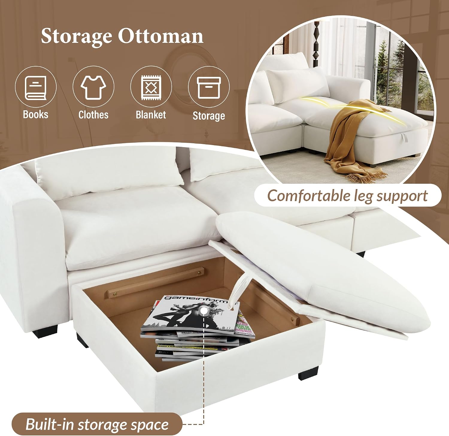 LUMISOL U-Shaped Sectional Sofa with Movable Ottomans, 131.9' Upholstered Modular Sofa Linen Blend Fabric Couch with Storage Ottomans, for Living Room Home Theaters Apartment, Beige