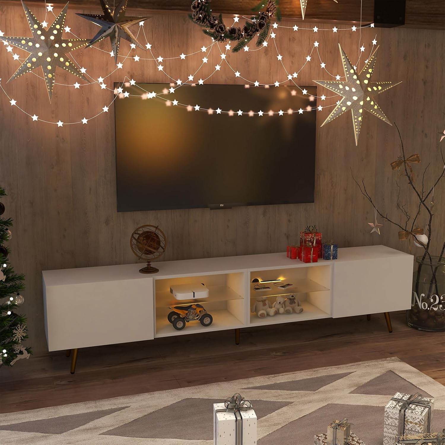 Bonzy Home 86' LED TV Stand, Modern Entertainment Center up to 75' 80' 85' TV, Television Console Table with Storage Cabinets for Living Room, White